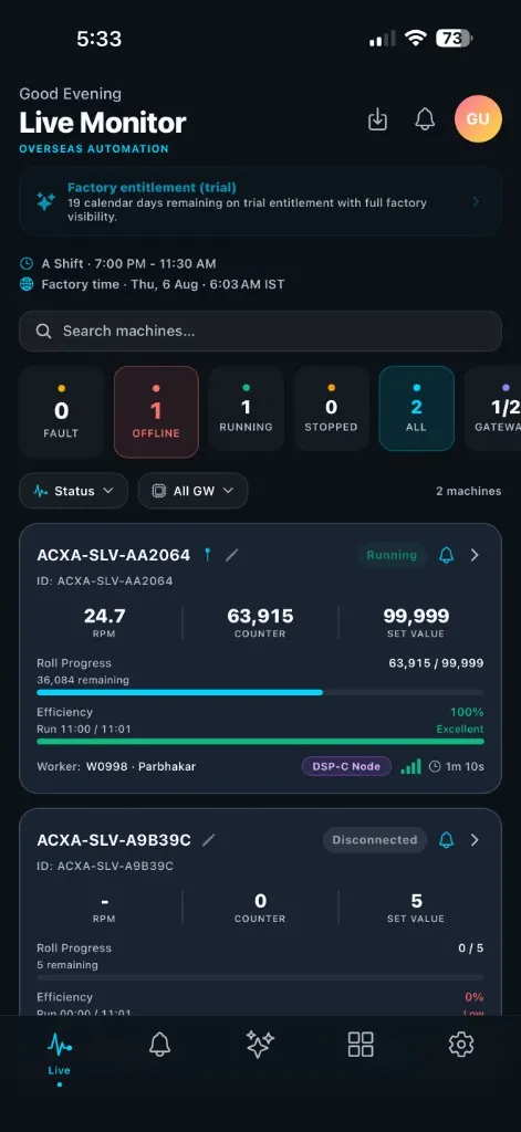 Real Acxa App on phone — Live Monitor with machine status, counters, and trial status